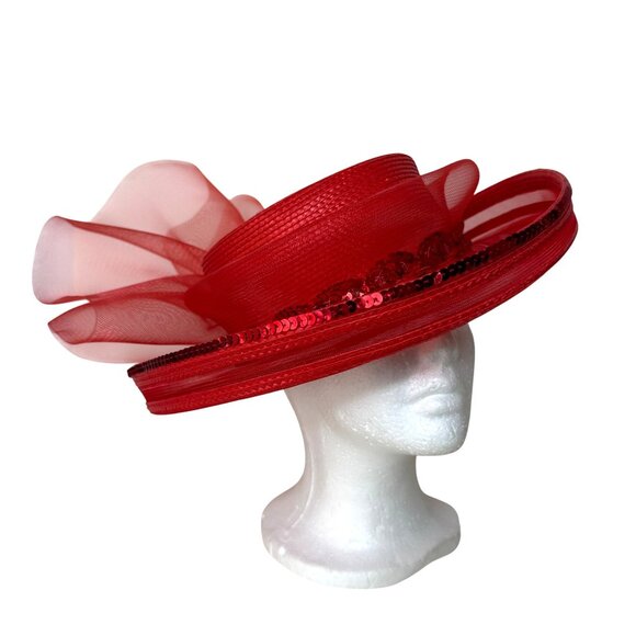 Elegant Red Wide Brim Hat Formal Fashion Tulle Bow Sequin Statement Church Derby main image 14